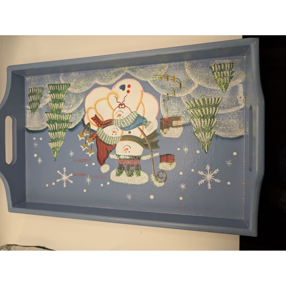 Hand Painted Wood Snowman Family Winter Serving Tray Blue Glitter Holiday Decor